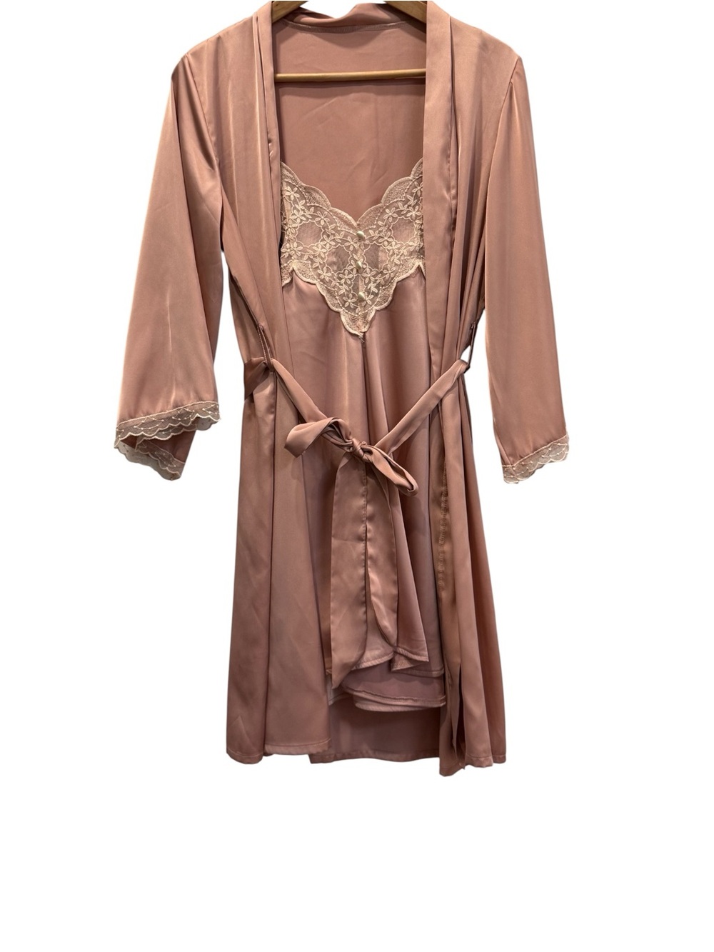 Satin Lace Sleepwear Set | Chemise & Matching Robe | Dusty Rose Mauve Size S